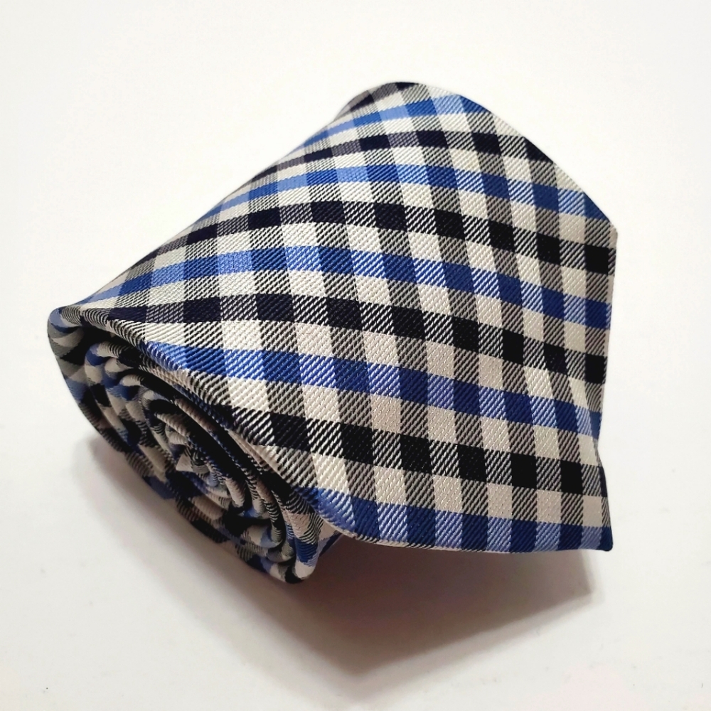 Merona Necktie Blue & Silver Plaid Pattern Men's Silk Neck Tie 58x3.25"